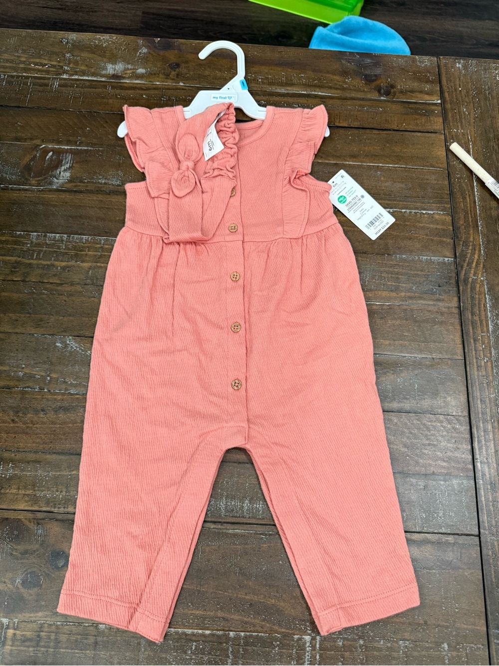 Carter's Coral Peach Ruffle Romper with Front Buttons